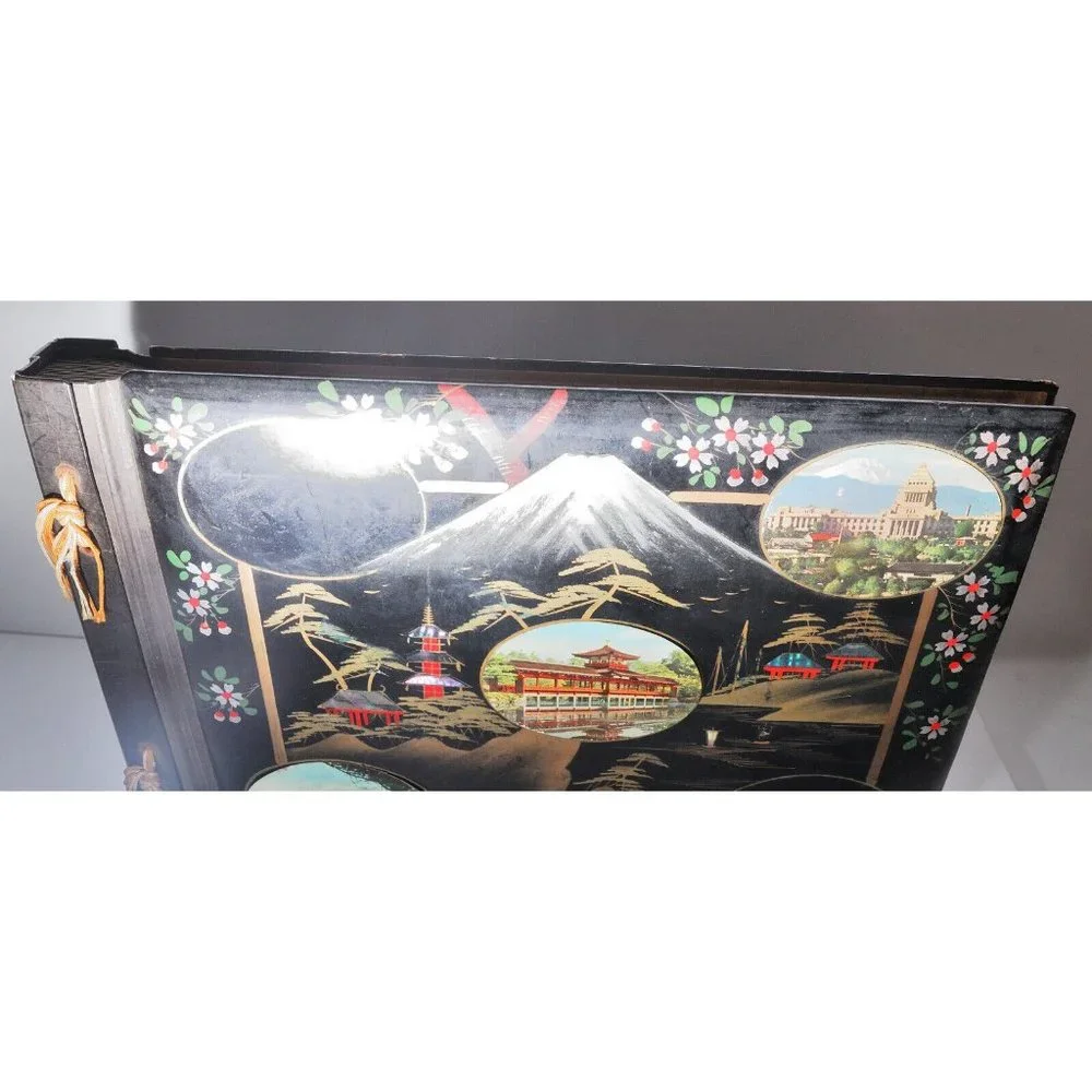 Vintage Japanese Black Lacquered Photo Album Great Colors/Scenes EUC
